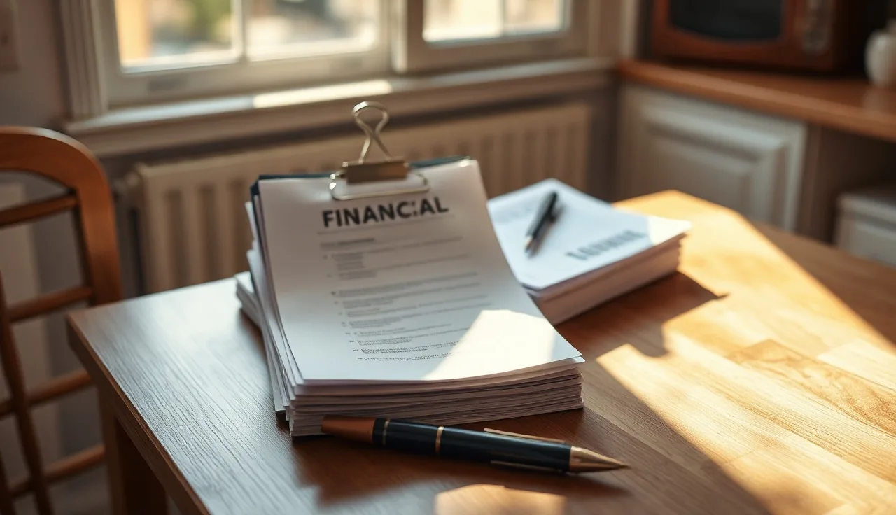 Financial documents on a kitchen table in morning light, alimony tax paperwork scene