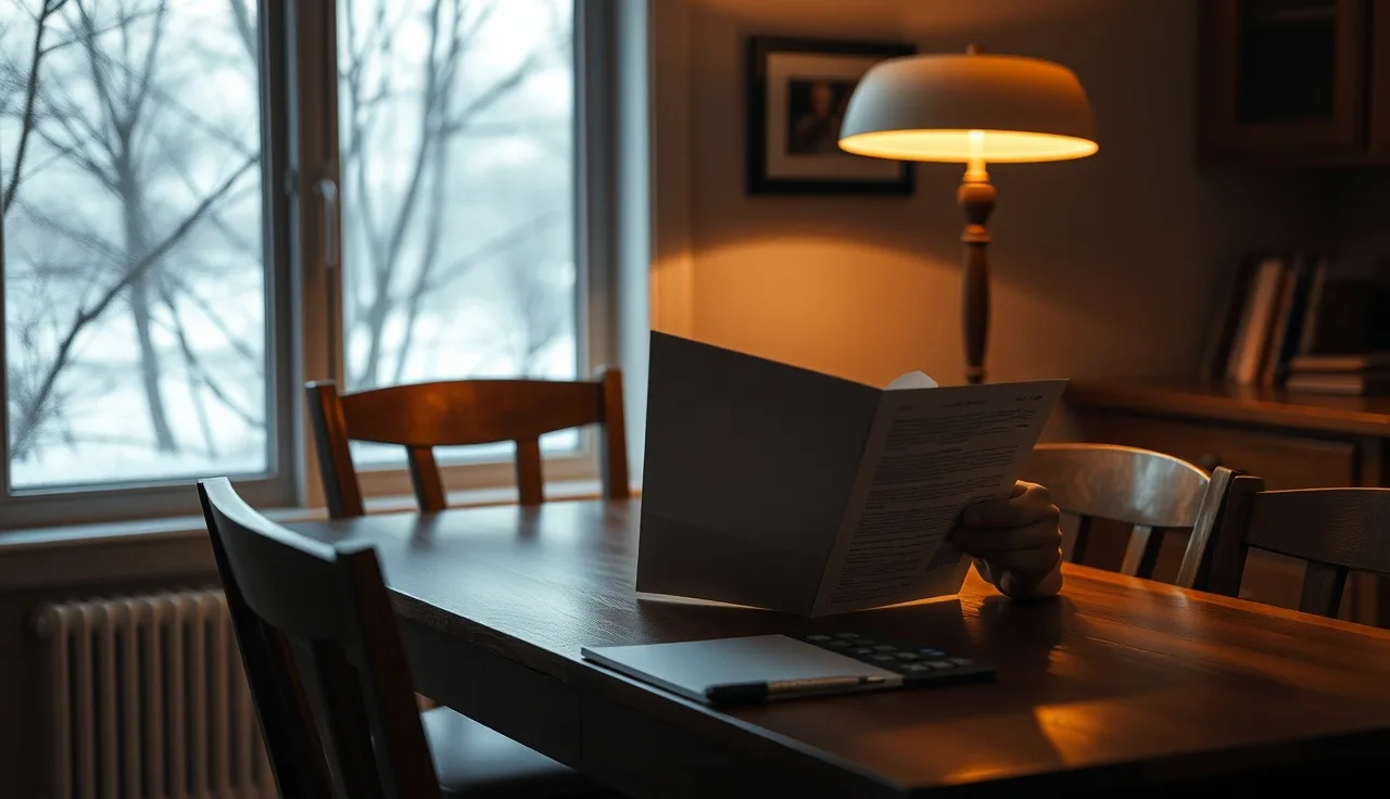 Person reviewing divorce documents at a kitchen table after divorce finalization