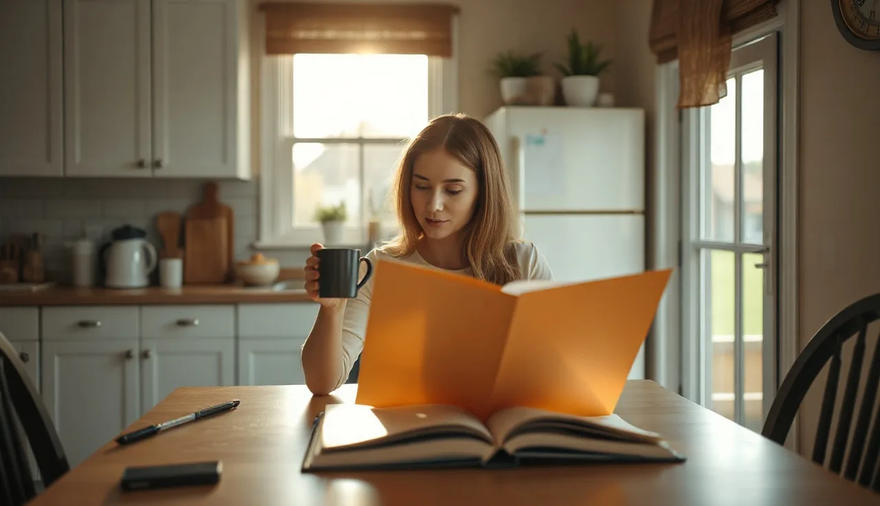 Woman reviewing documents at kitchen table after divorce, considering health insurance options