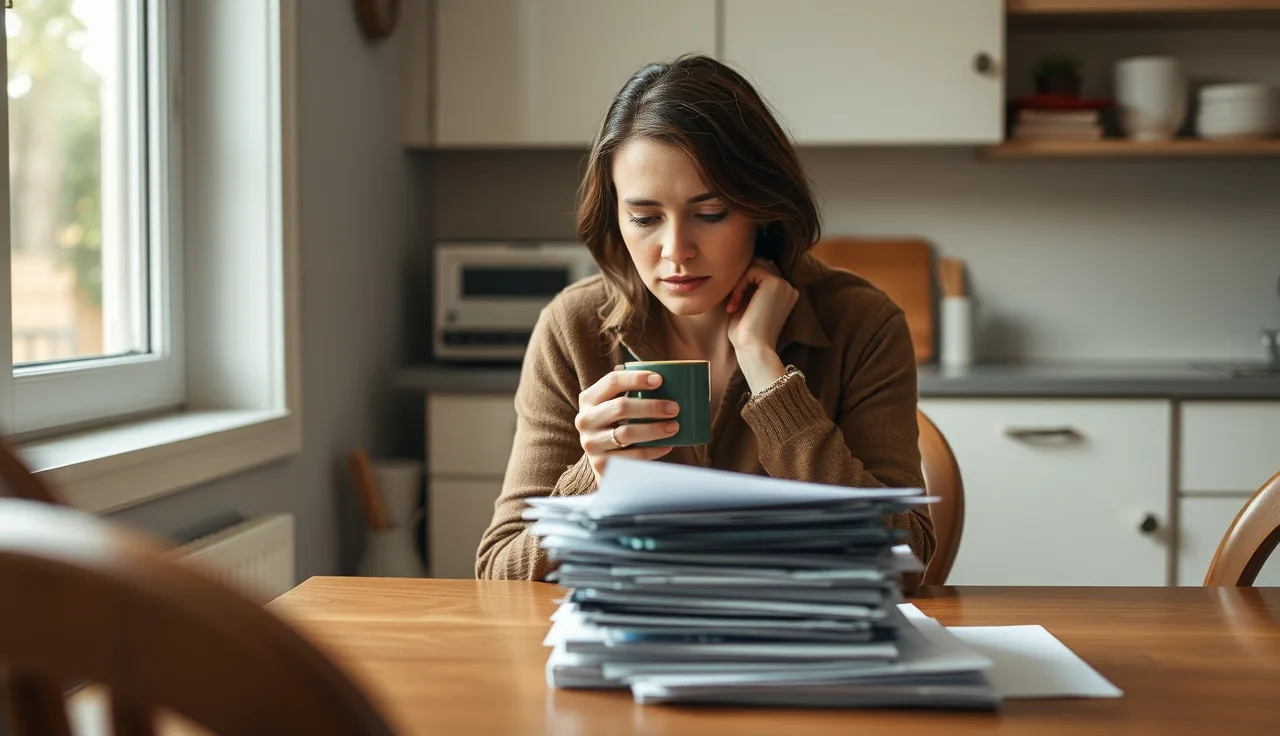 Woman at kitchen table reviewing mail after losing health coverage in divorce