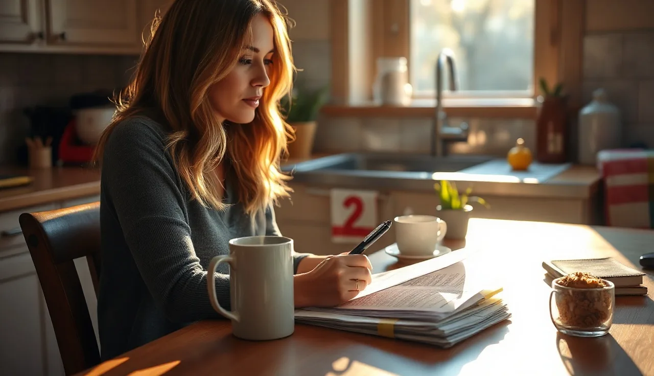 Woman reviewing divorce decree paperwork at a sunny kitchen table for name change process