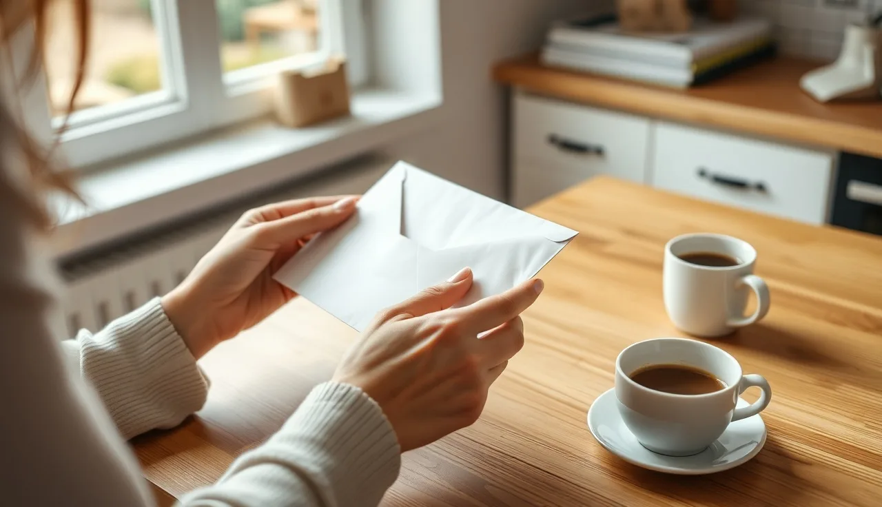 Woman holding open government envelope at kitchen table after divorce name change