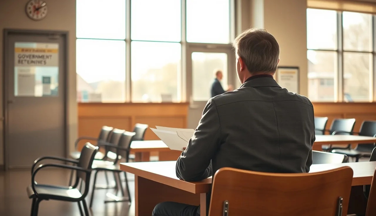 Person holding envelope at court clerk window waiting to receive divorce documents