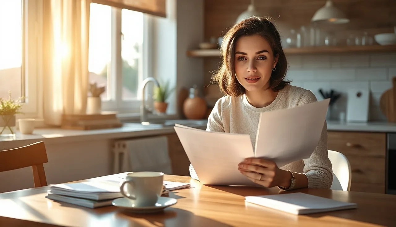 Woman reviewing divorce and health insurance documents at kitchen table