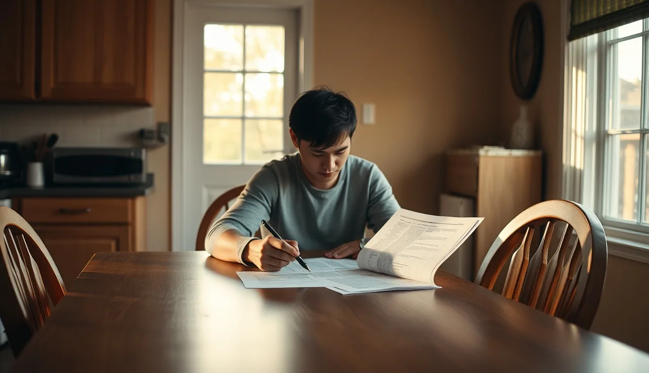Person reviewing divorce modification paperwork at a kitchen table in afternoon light