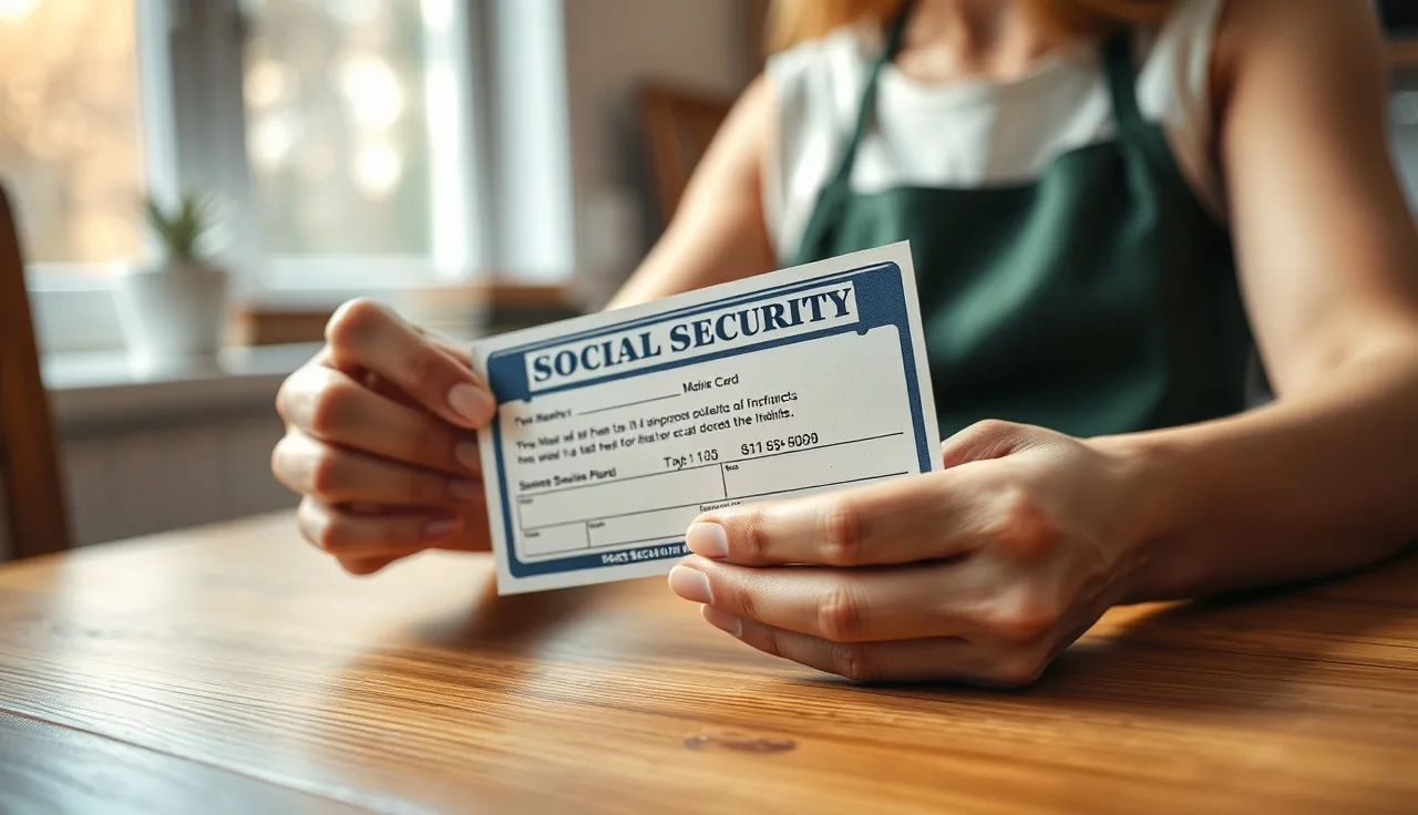 Woman holding a Social Security card at a kitchen table after divorce name change