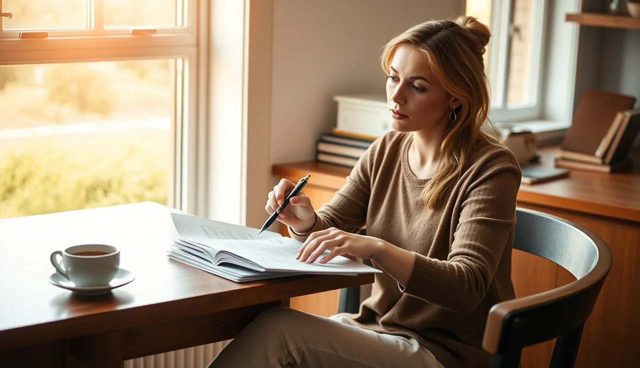 Woman reviewing health insurance documents at kitchen table during divorce process