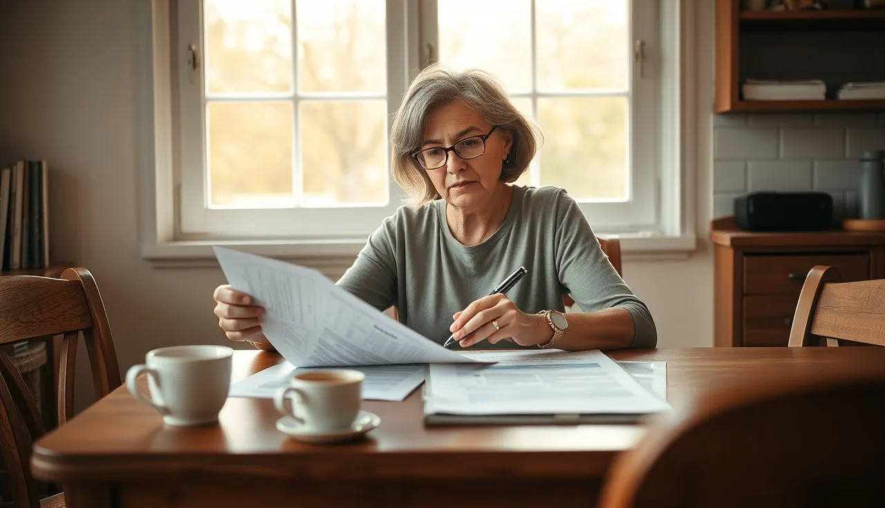 Woman reviewing divorce modification documents at a kitchen table with a pen