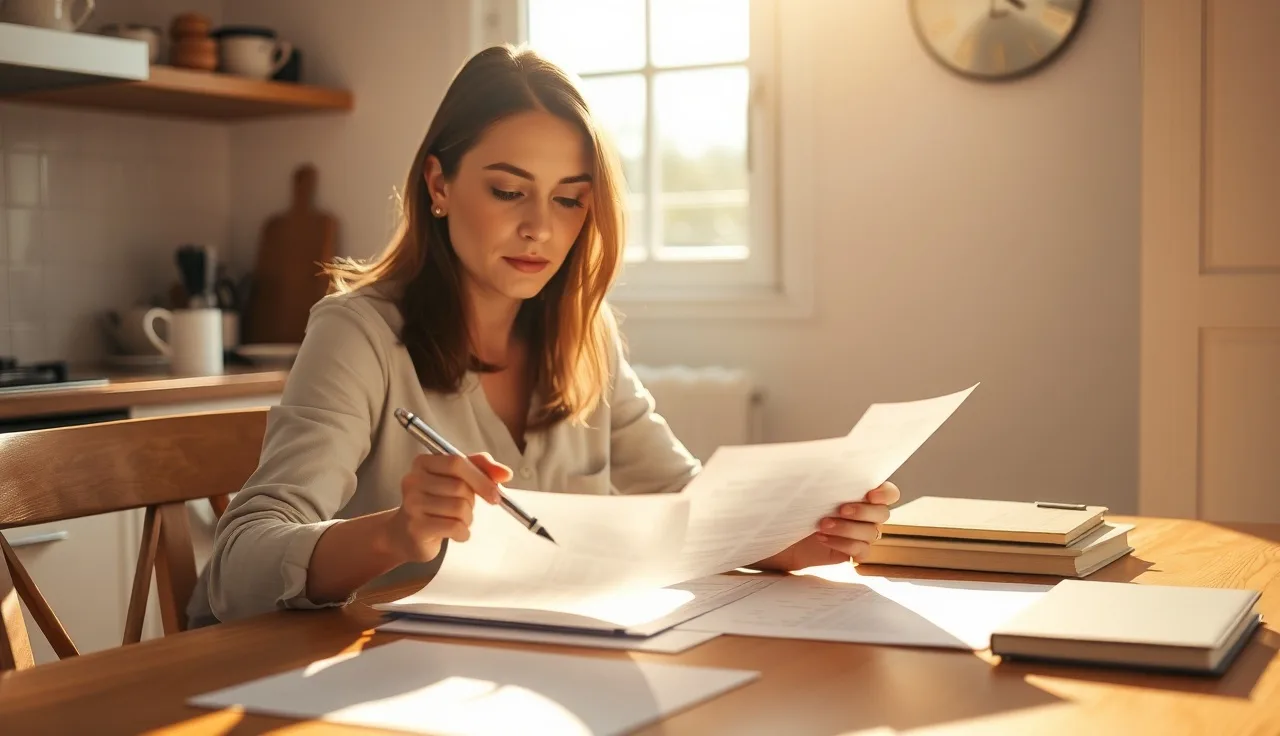 Woman reviewing divorce decree papers at sunlit kitchen table to restore maiden name