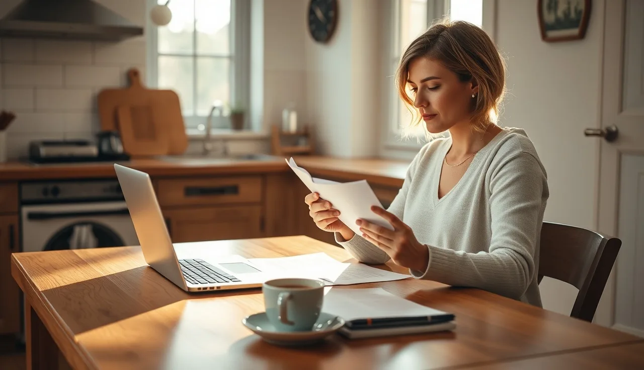 Woman reviewing financial documents at kitchen table after divorce, holding debit card