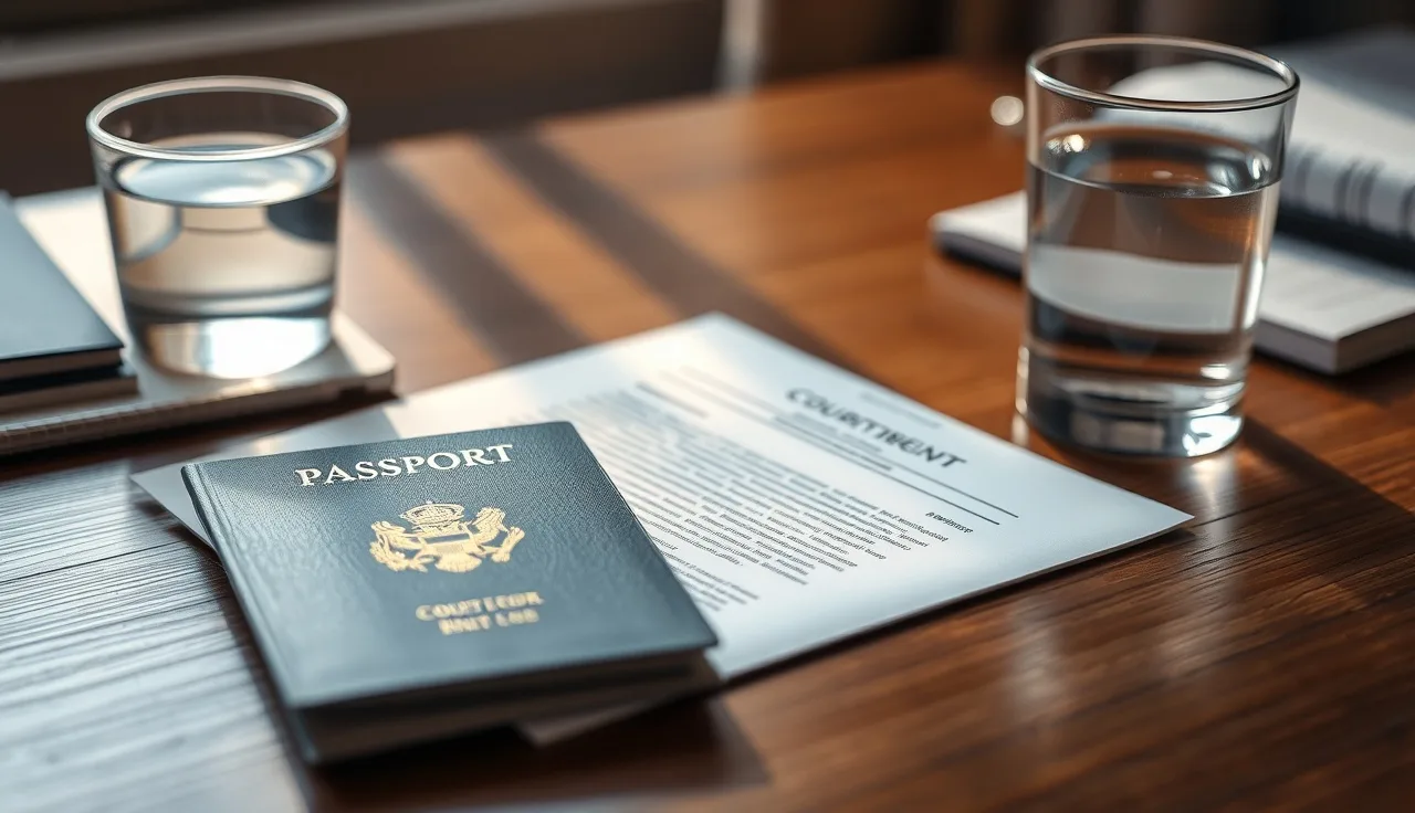 Open passport and court document on wooden desk for divorce name change update
