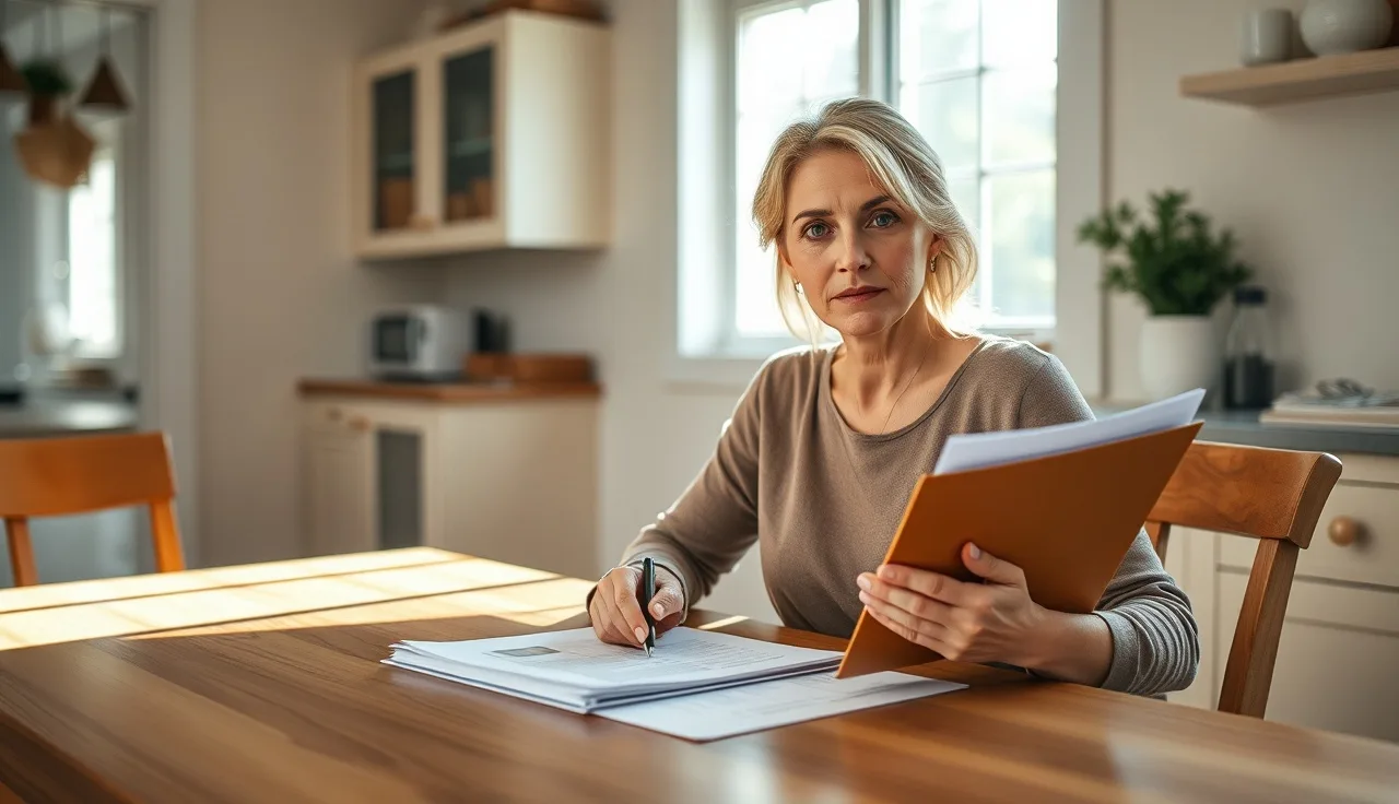 Woman reviewing legal documents at kitchen table after divorce name change