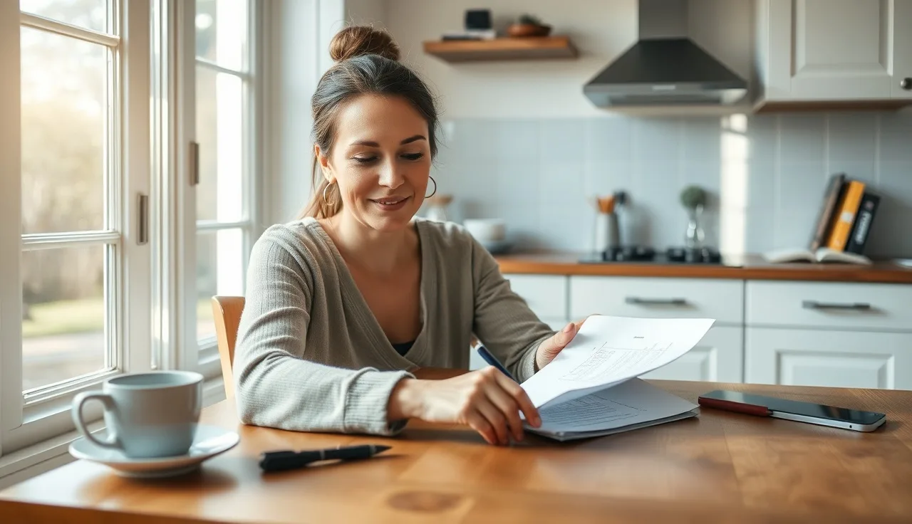Woman filling out a government form at a kitchen table after a divorce name change