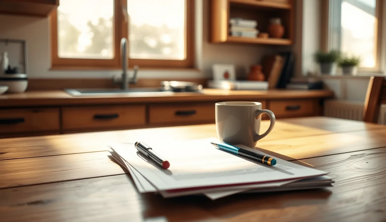 Pen resting on unsigned documents at a sunlit kitchen table, alimony tax paperwork implied