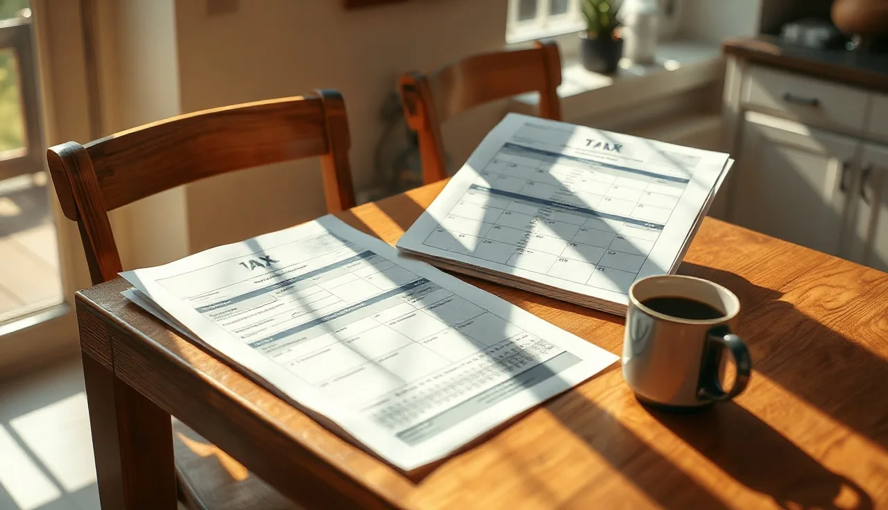Tax forms and calendar on a kitchen table illustrating alimony income tax question