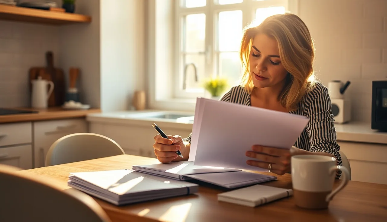 Woman reviewing health insurance paperwork and calendar after divorce at kitchen table