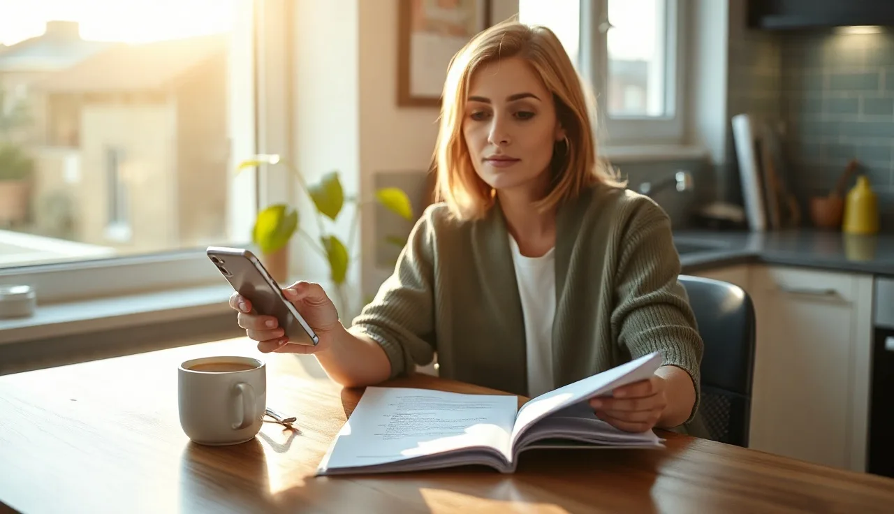 Woman reviewing health insurance documents at kitchen table after divorce