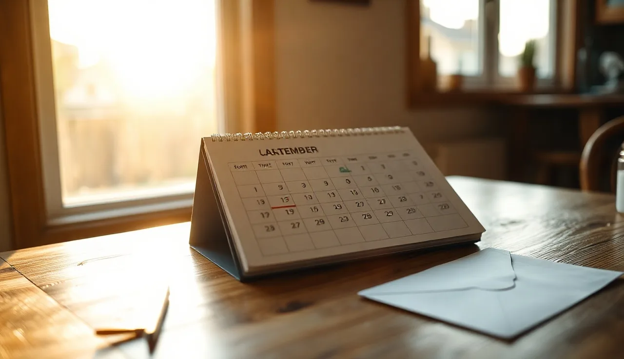 Calendar with circled date and envelope on a sunlit kitchen table, representing alimony end date