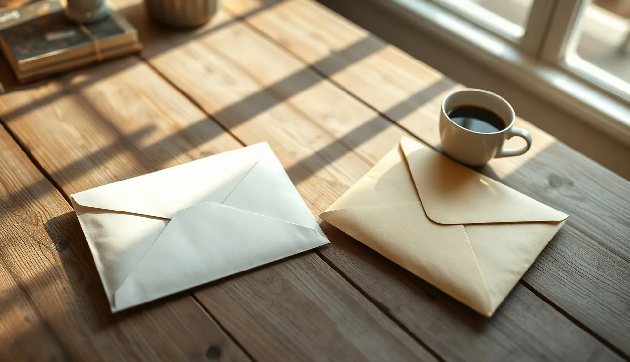 Two envelopes on a kitchen table representing alimony and child support payments