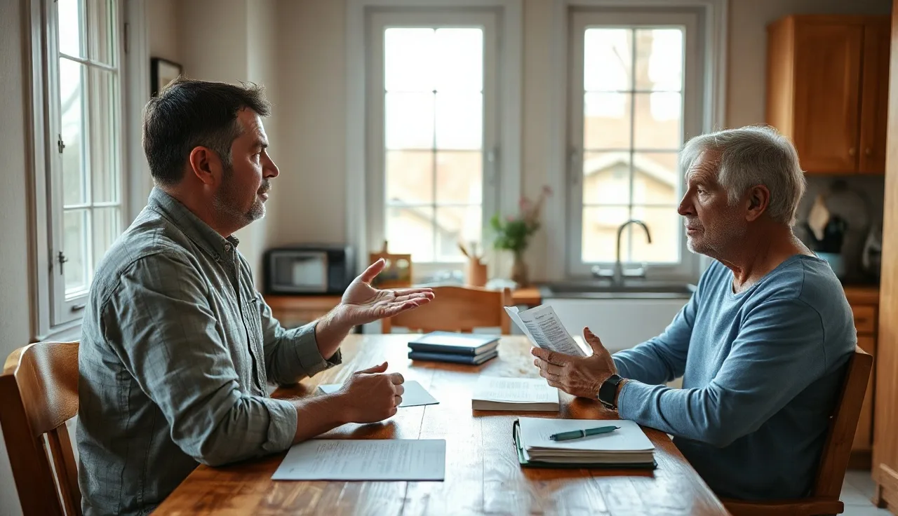 Two parents reviewing custody modification paperwork at a kitchen table