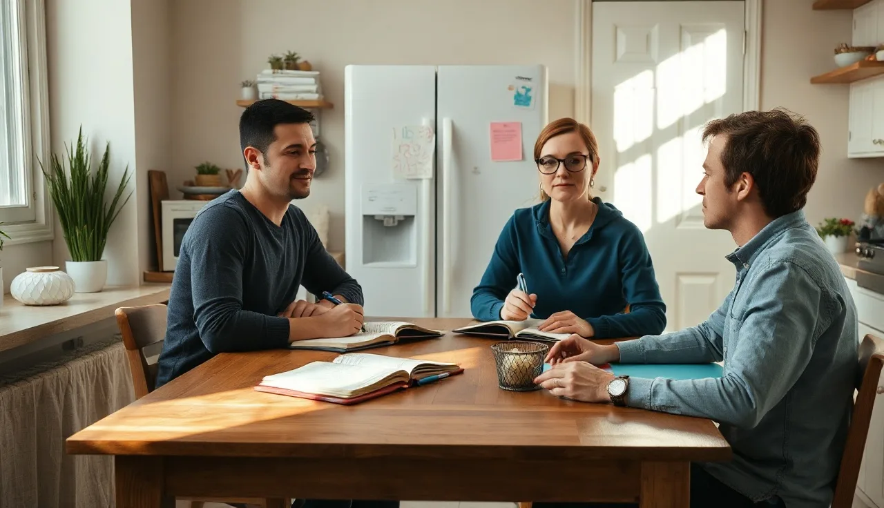 Two parents reviewing a custody agreement document at a kitchen table