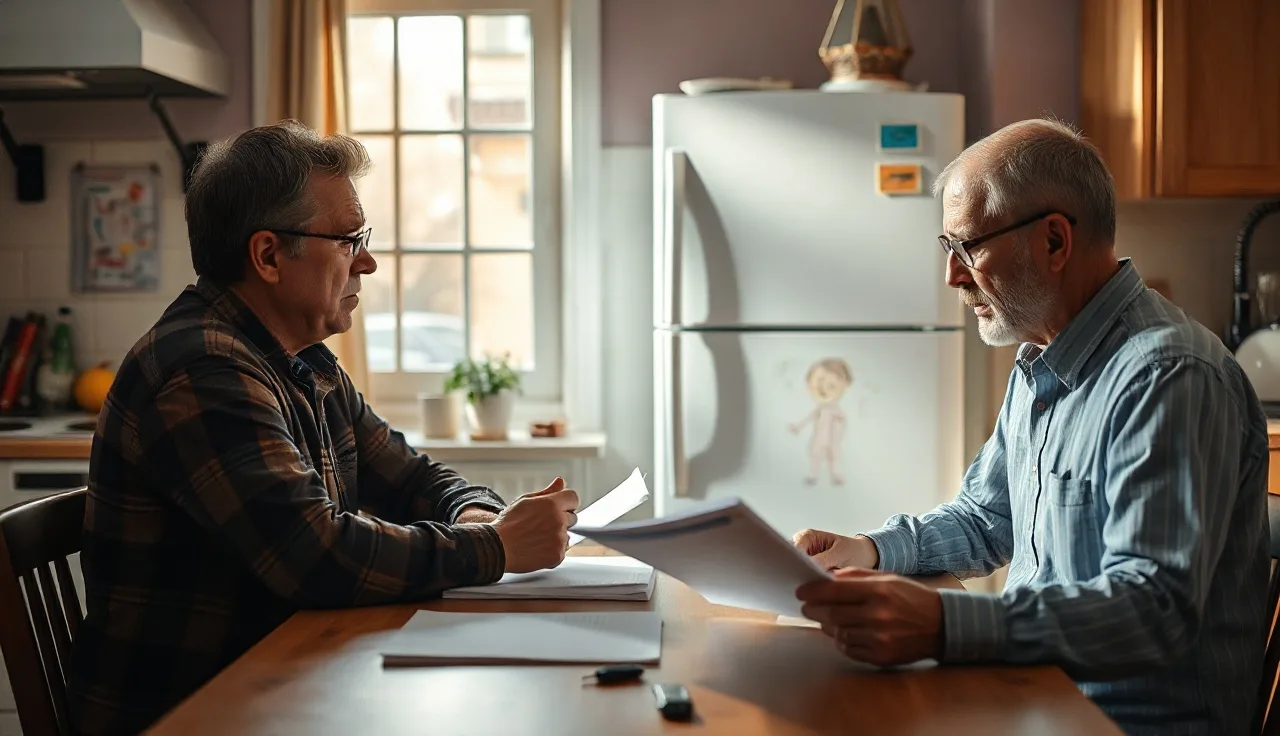 Two parents reviewing a custody agreement at a kitchen table in morning light