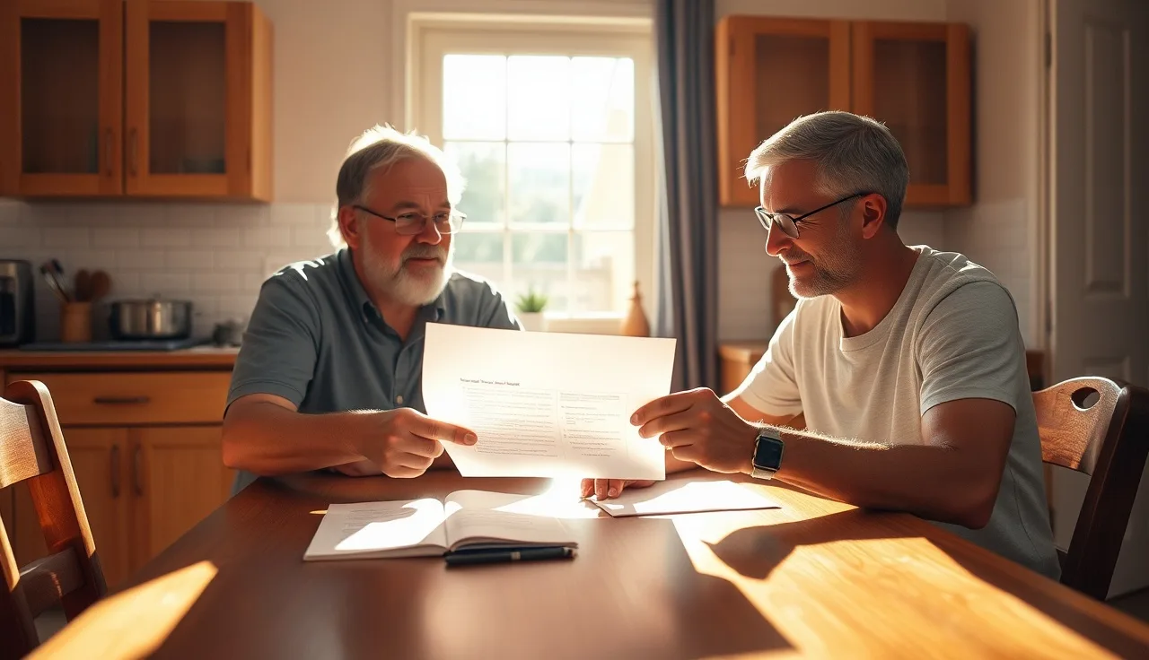Two parents reviewing a custody agreement document at a kitchen table