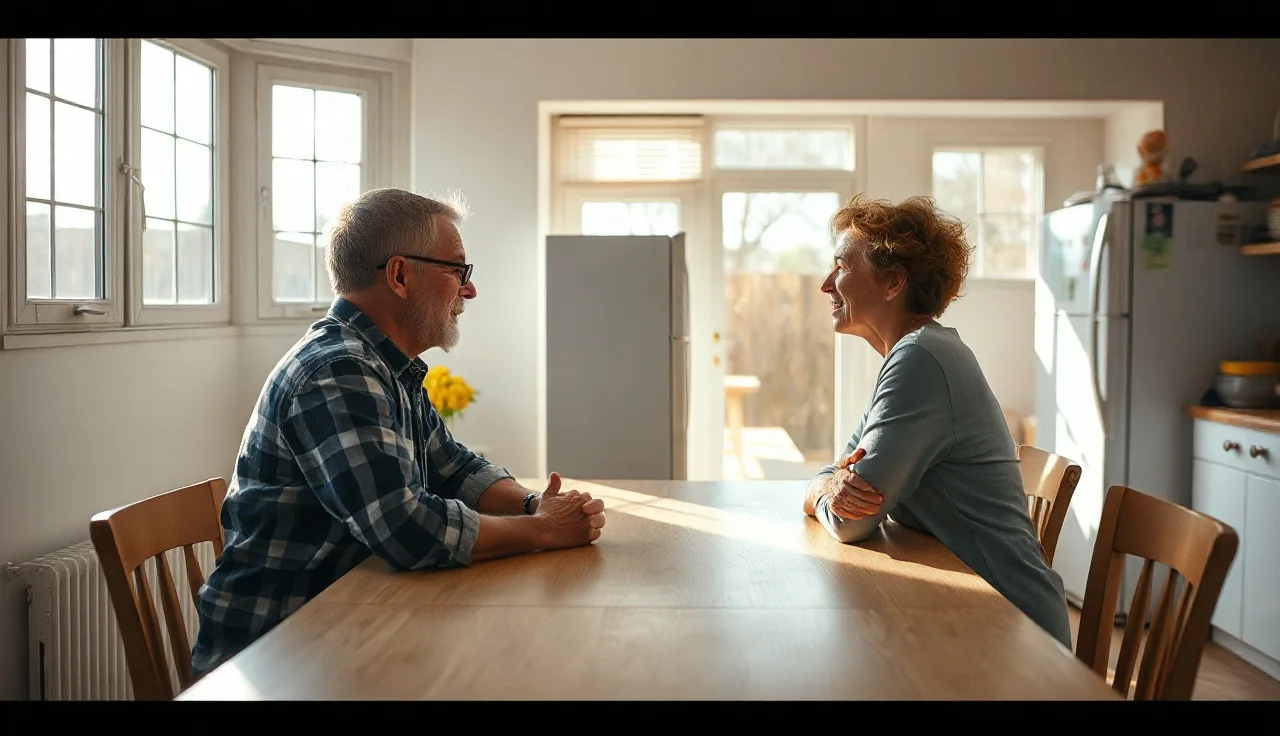 Two parents reviewing a custody agreement at a kitchen table