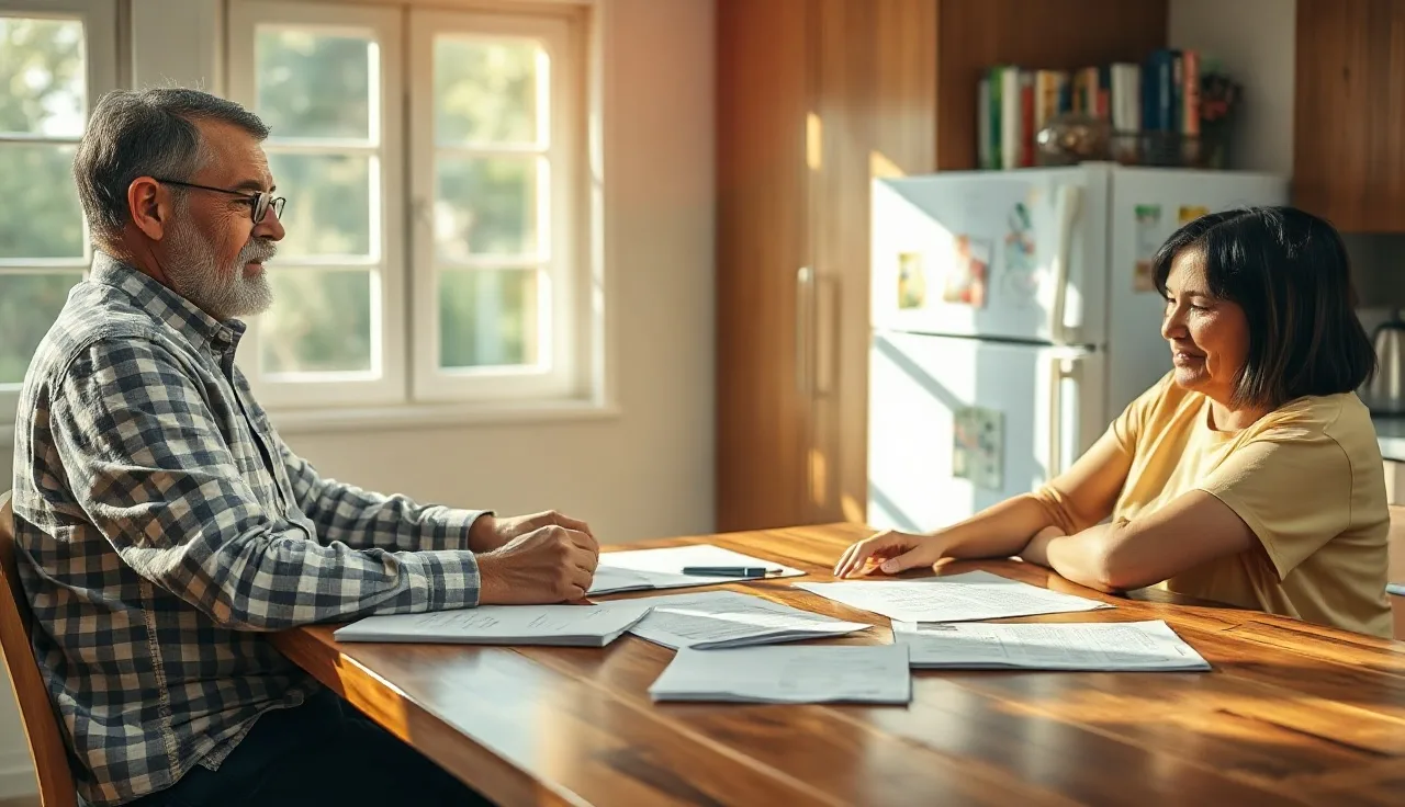 Two parents reviewing custody agreement paperwork together at a kitchen table