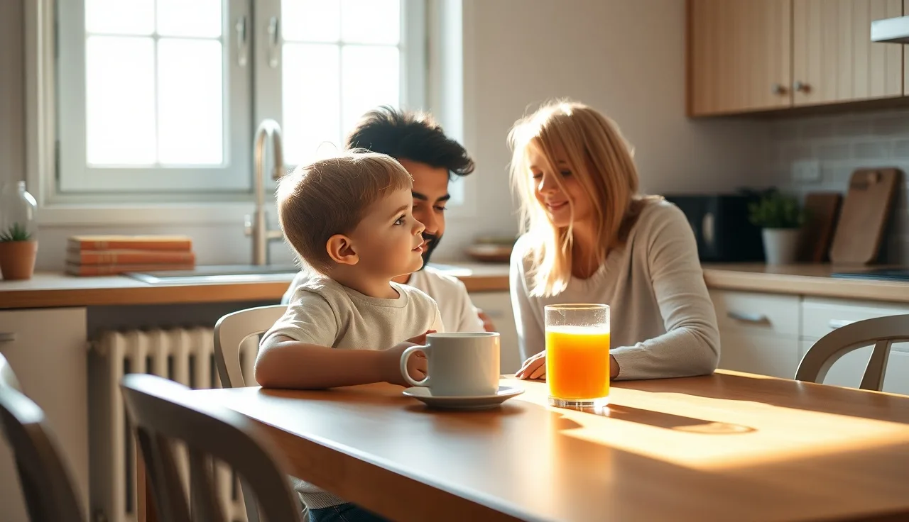 Parent and child at a sunny kitchen table during a calm morning at home