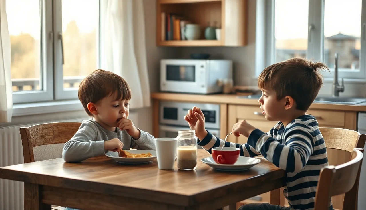 Parent and two children at a kitchen table, morning light, child support context