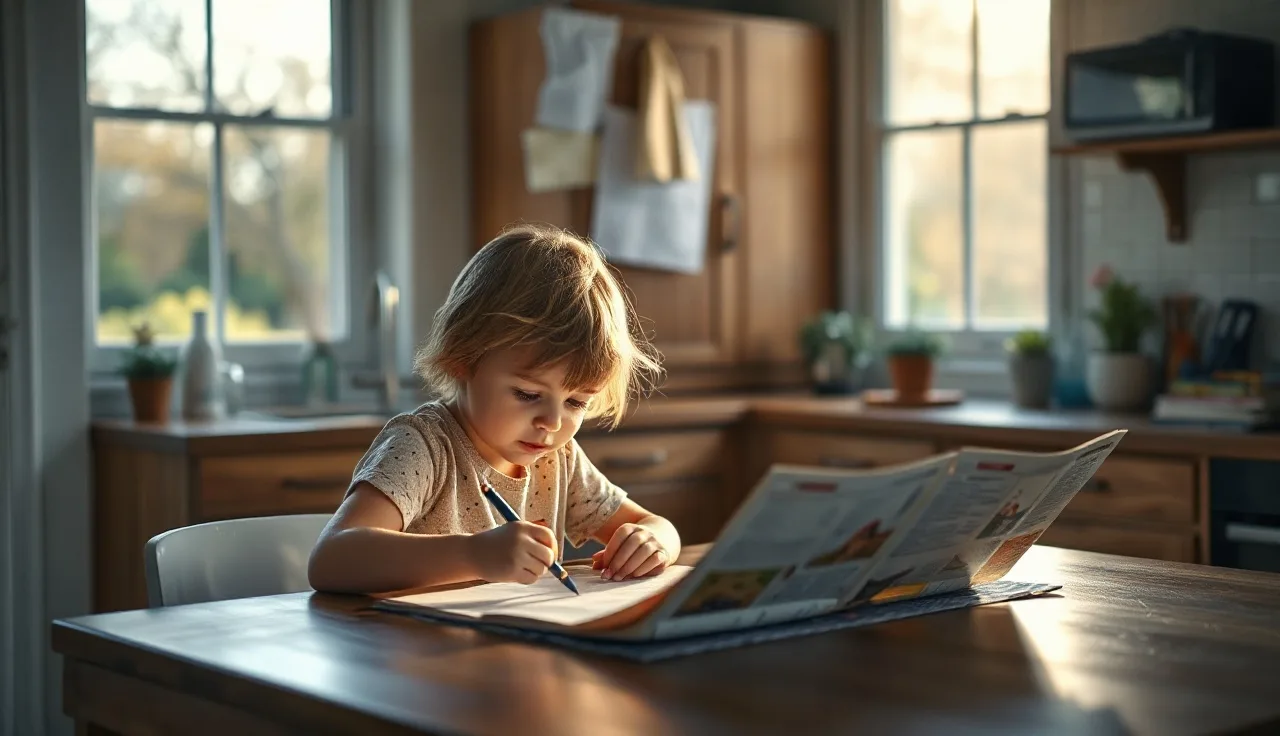 Parent reviewing child support paperwork with young child at kitchen table