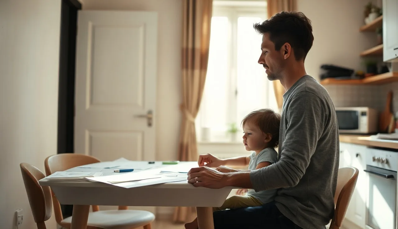 Parent and child at kitchen table with child support paperwork in morning light