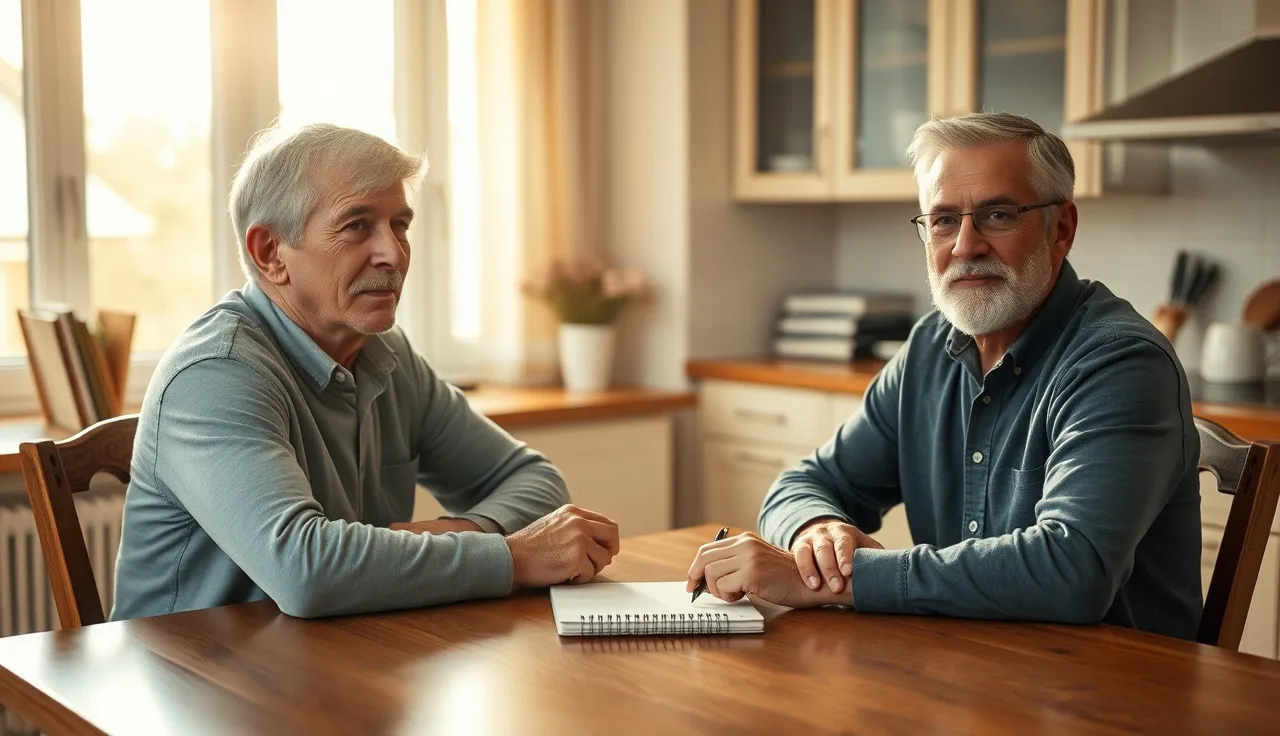 Two parents reviewing child support figures at a kitchen table during divorce