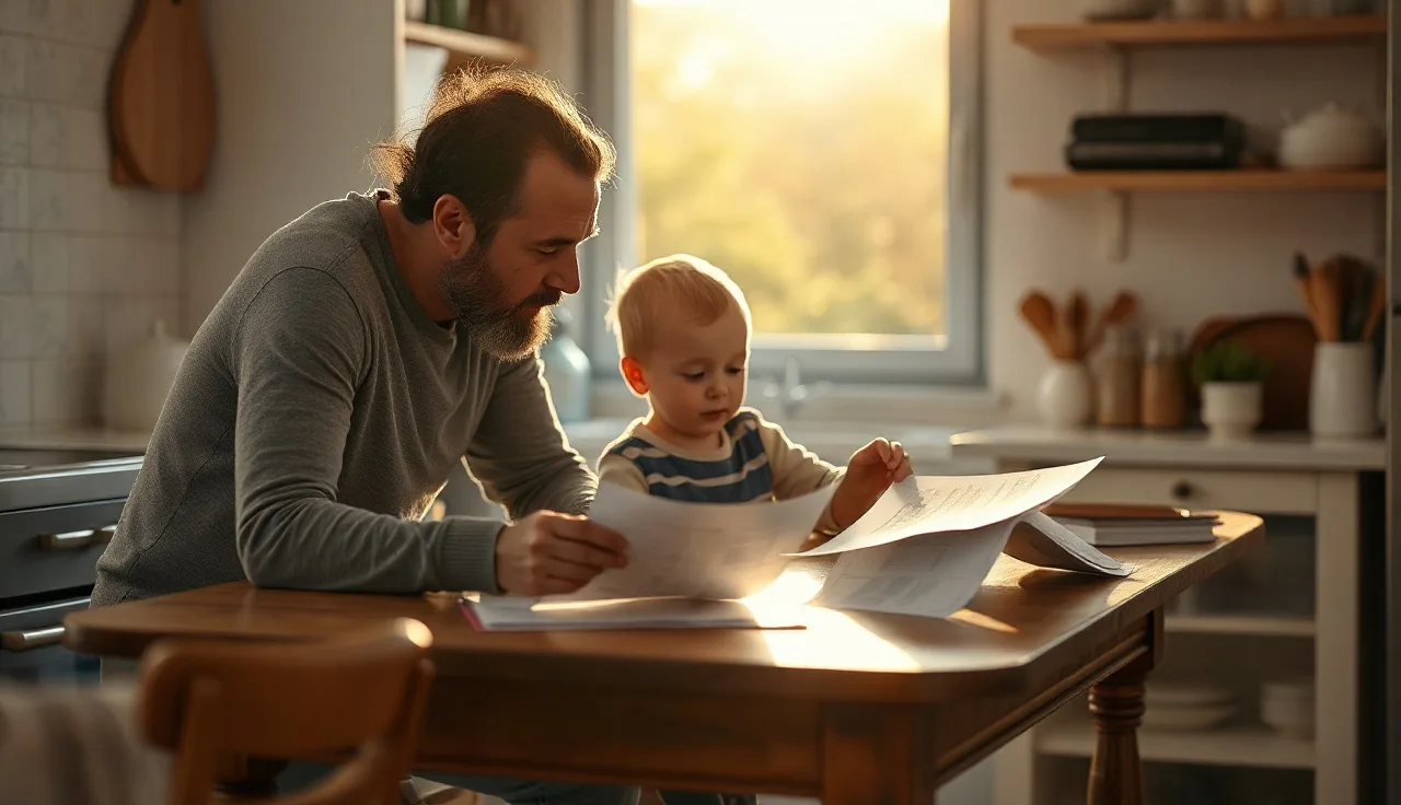 Parent and child at kitchen table reviewing child support paperwork in morning light