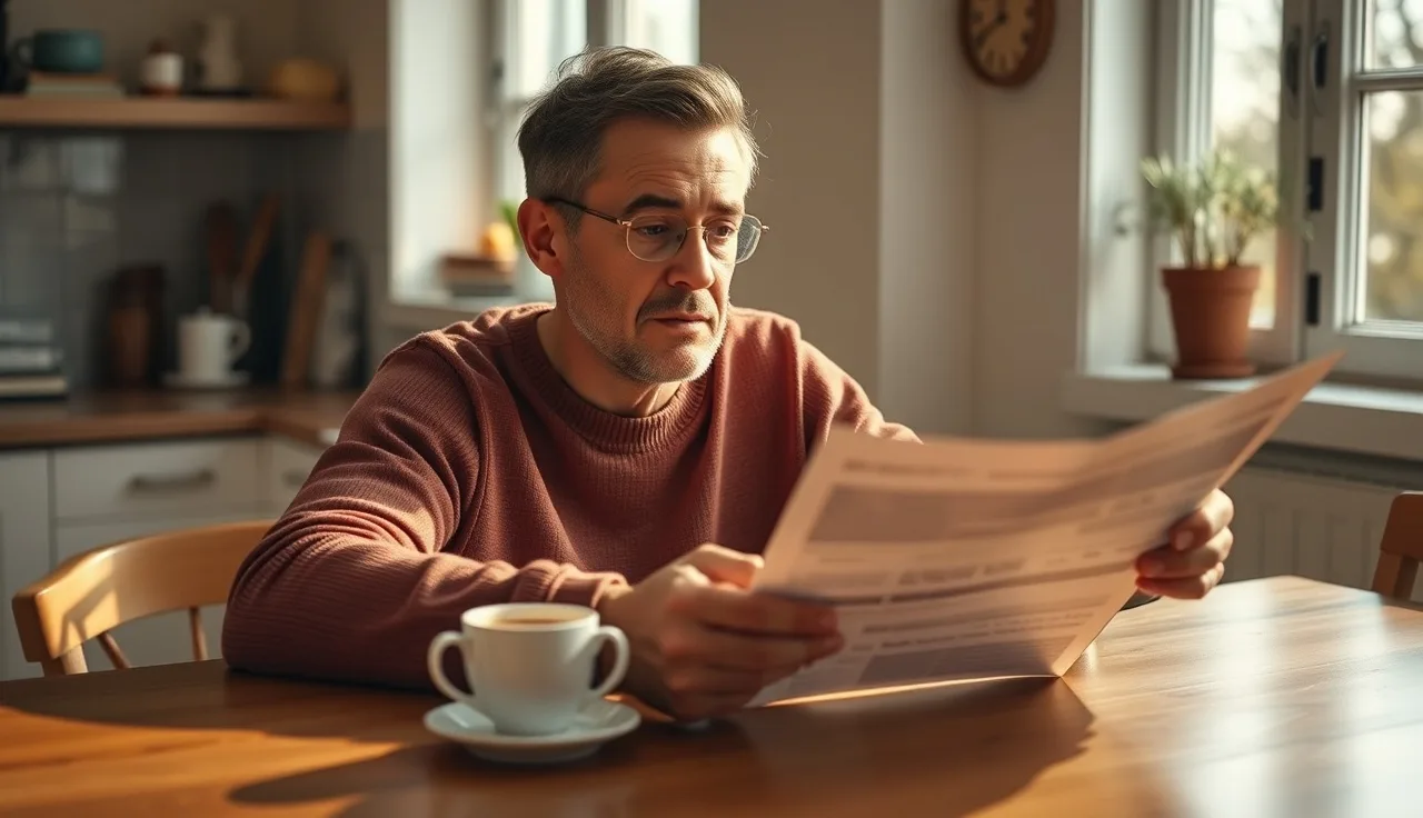 Parent reviewing financial documents at kitchen table while calculating child support