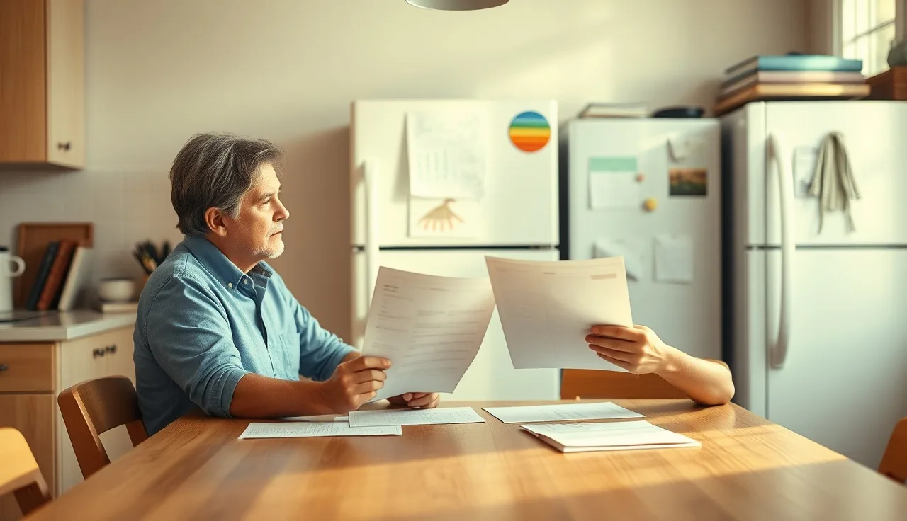 Two adults reviewing documents at a kitchen table after divorce, child's art visible in background