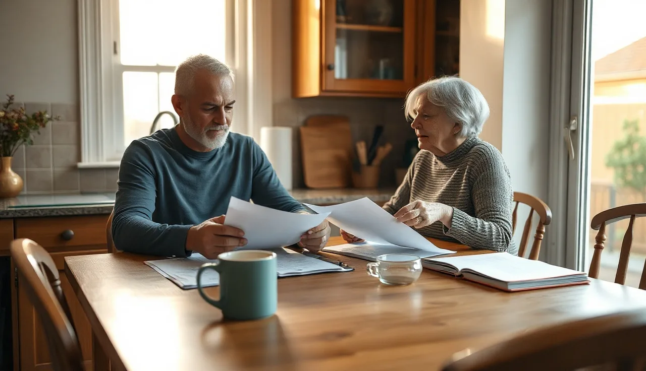 Two parents reviewing a child custody agreement at a kitchen table