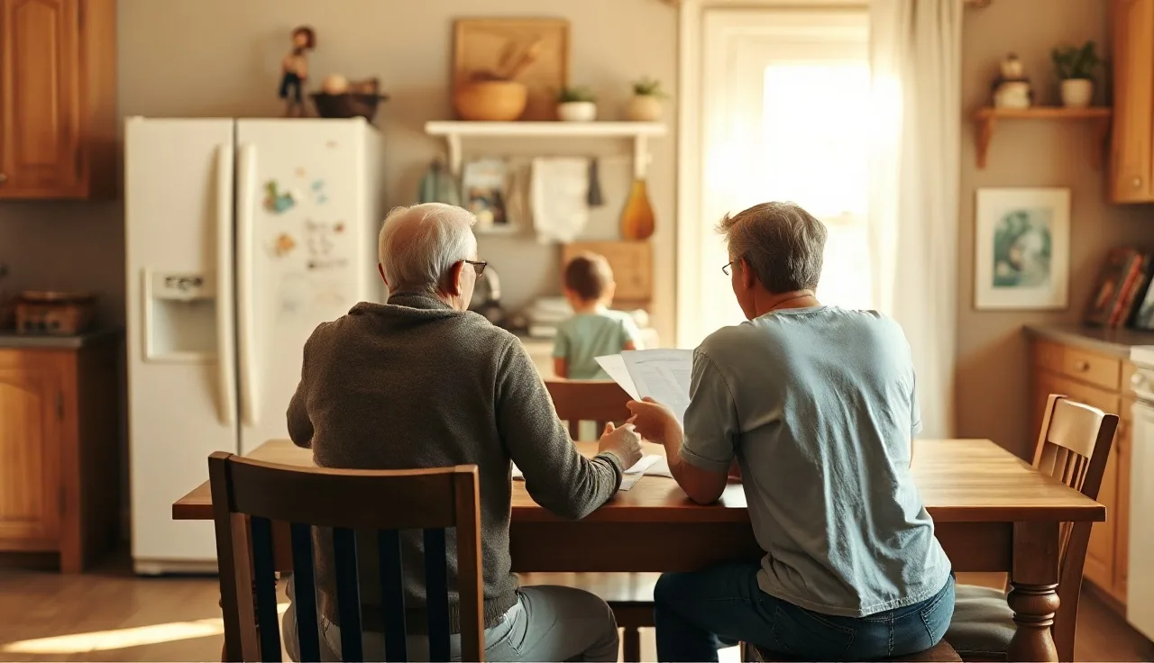 Two parents reviewing custody paperwork together at a kitchen table