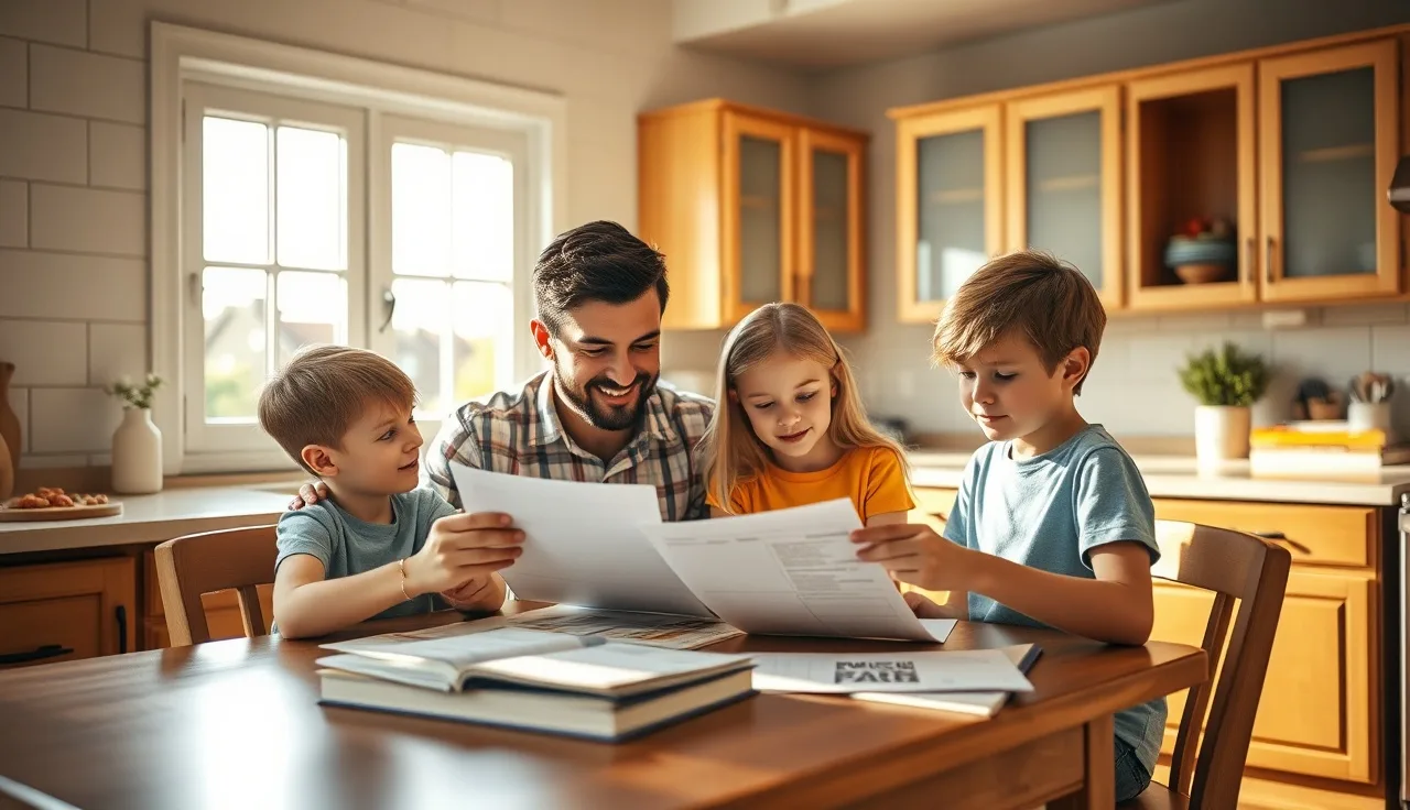 Parent reviewing health insurance documents with two children at a kitchen table