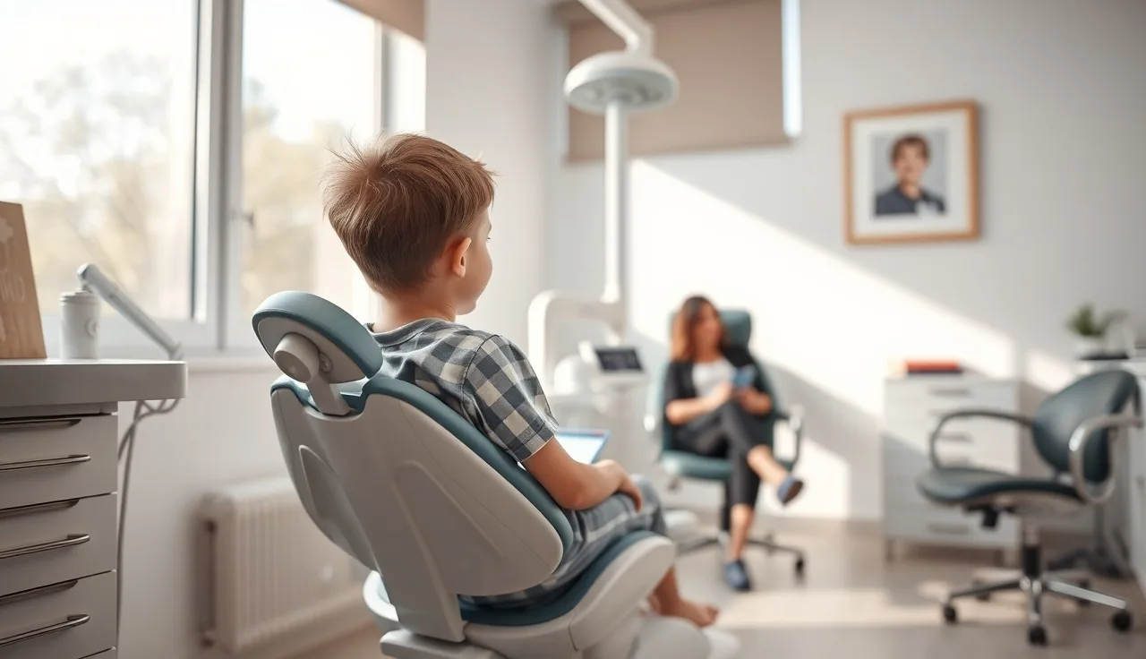 Child in dental chair with parent seated nearby during a routine dental visit after divorce