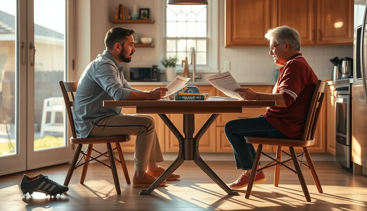 Two parents reviewing parenting plan papers at a kitchen table with child's sports gear nearby