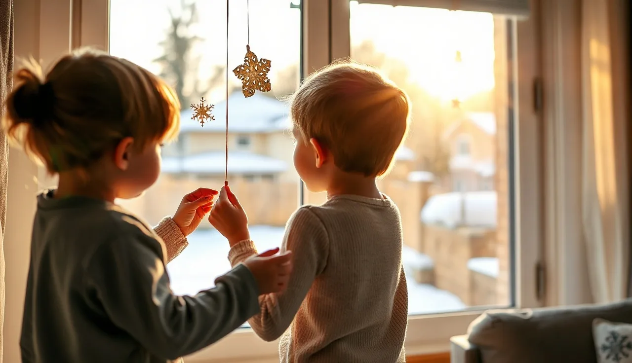 Two children decorating a window with paper snowflakes during winter holiday time