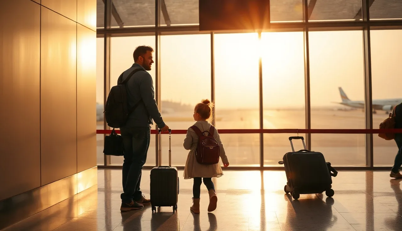 Father and daughter at an airport gate preparing for out of state travel