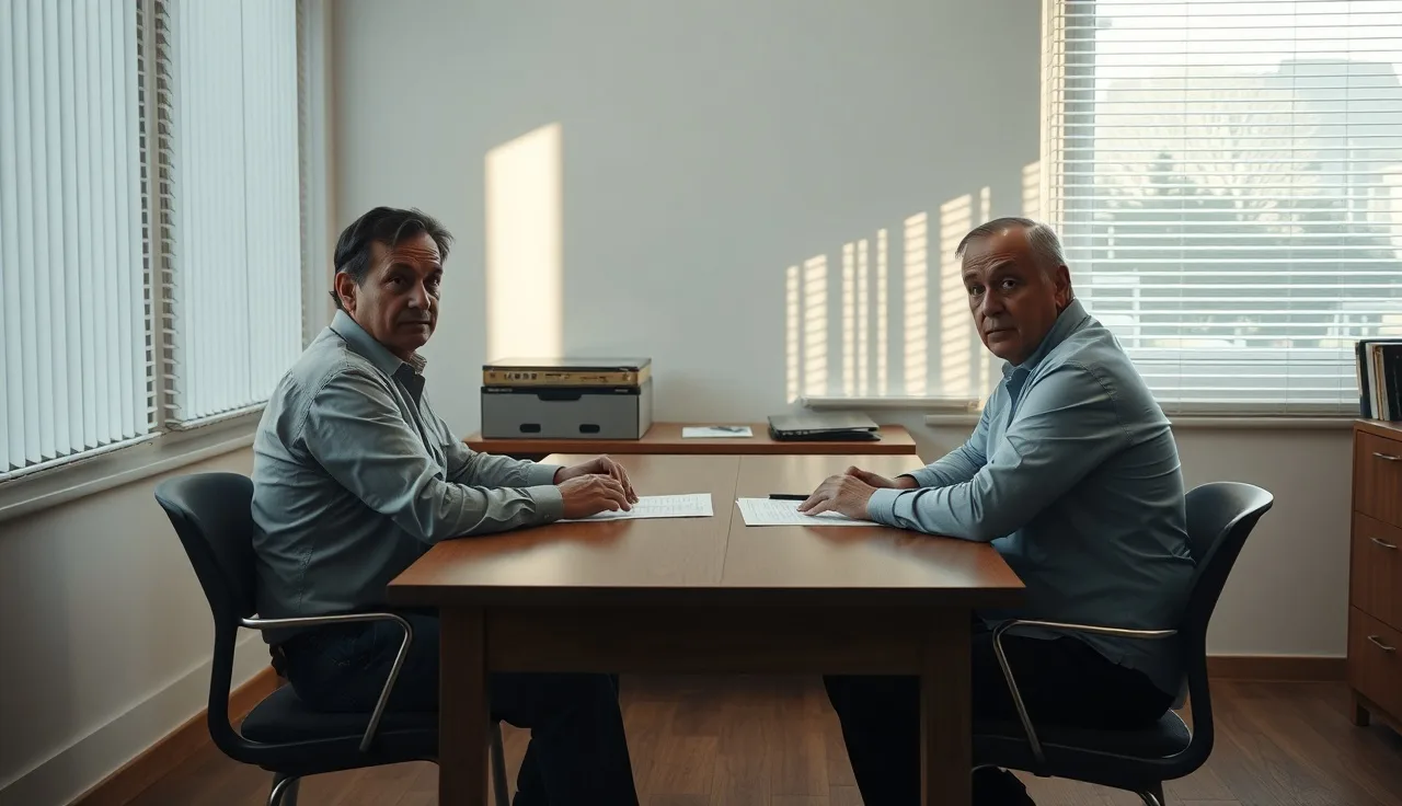 Two parents reviewing documents at a table discussing private school tuition in divorce