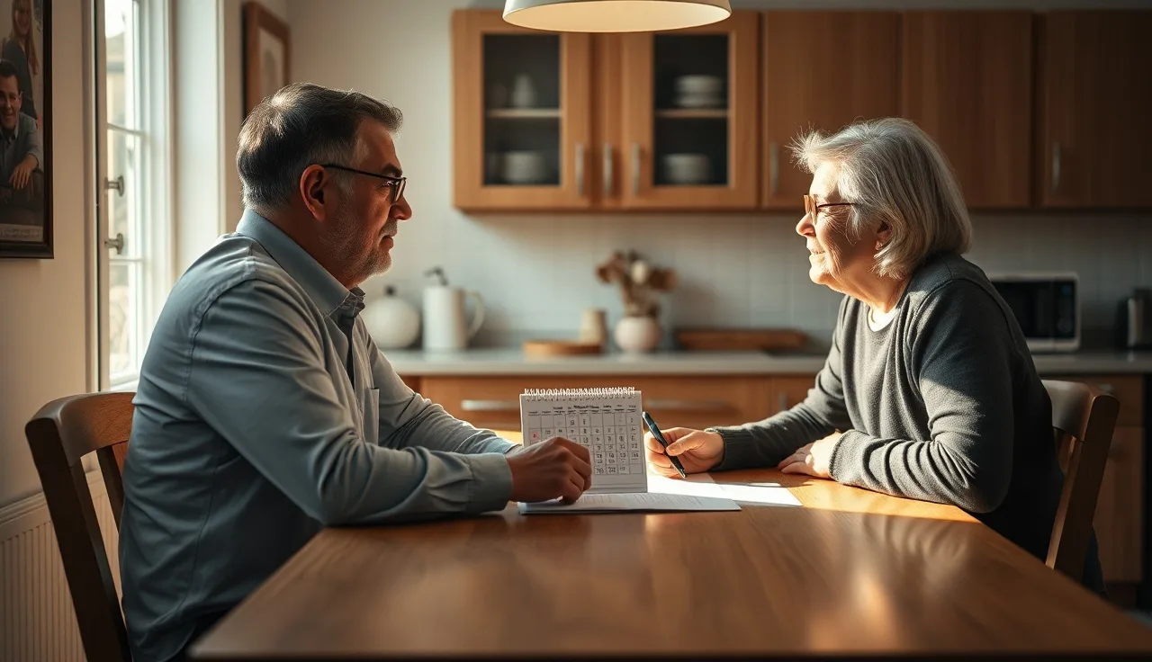 Two parents reviewing a parenting schedule at a kitchen table during divorce