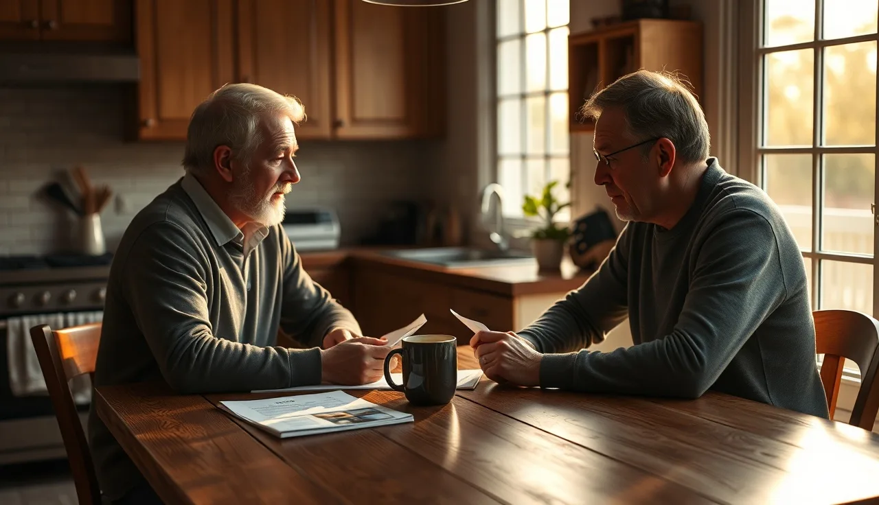 Two parents reviewing college expense documents at a kitchen table during divorce settlement