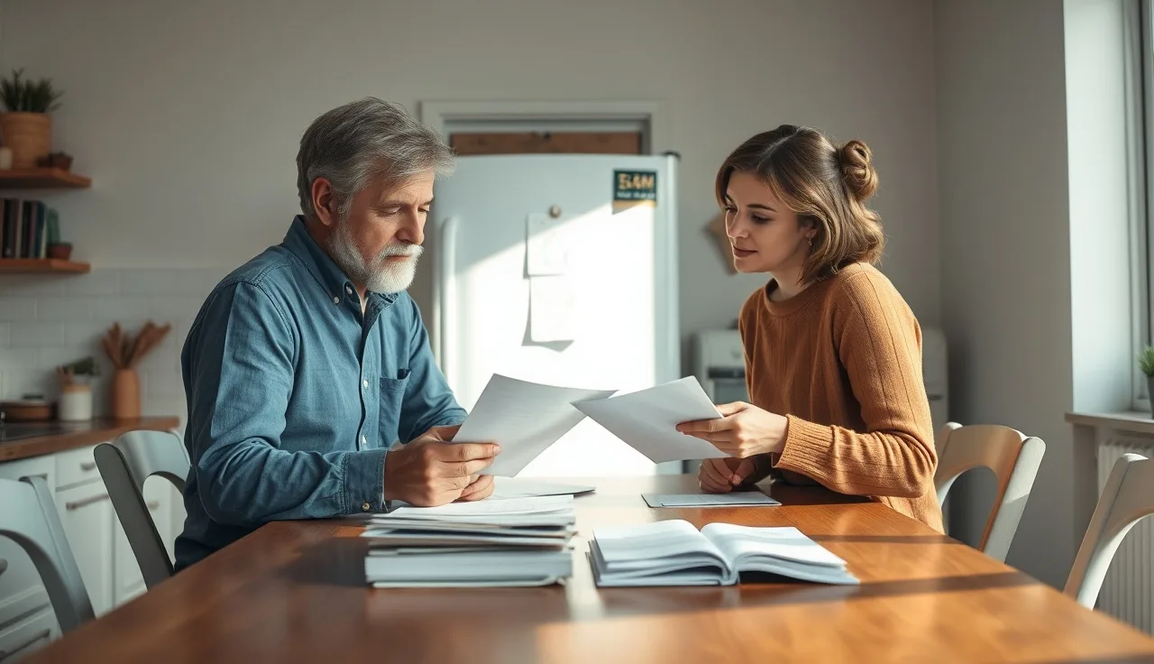 Two parents reviewing medical expense documents at a kitchen table after divorce