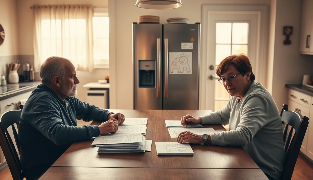 Two parents reviewing a parenting plan at a kitchen table with childcare documents
