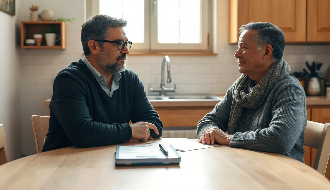 Two parents reviewing a custody agreement at a kitchen table in morning light